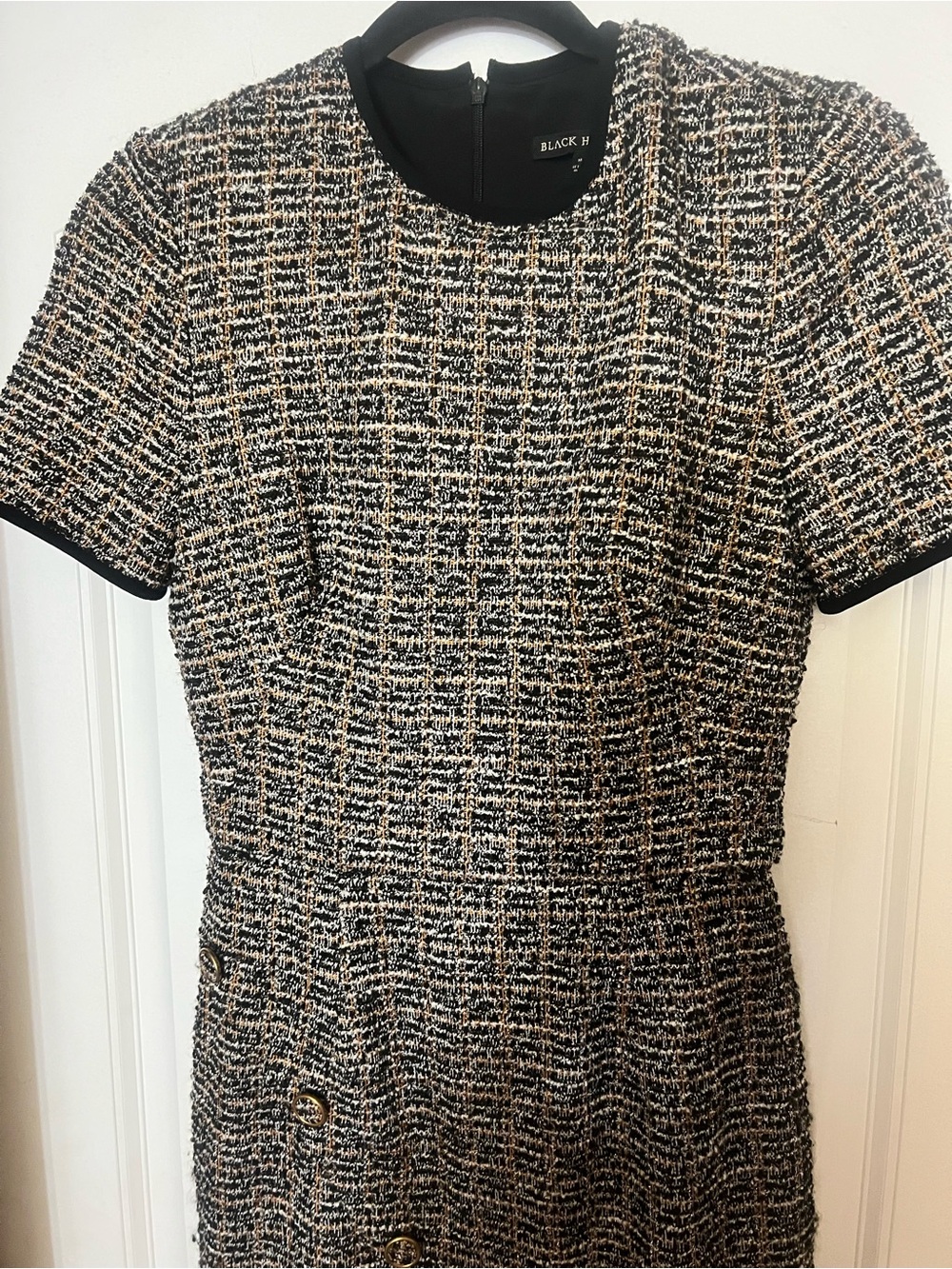 Black Halo Black & Cream Tweed Midi Dress with Short Sleeves